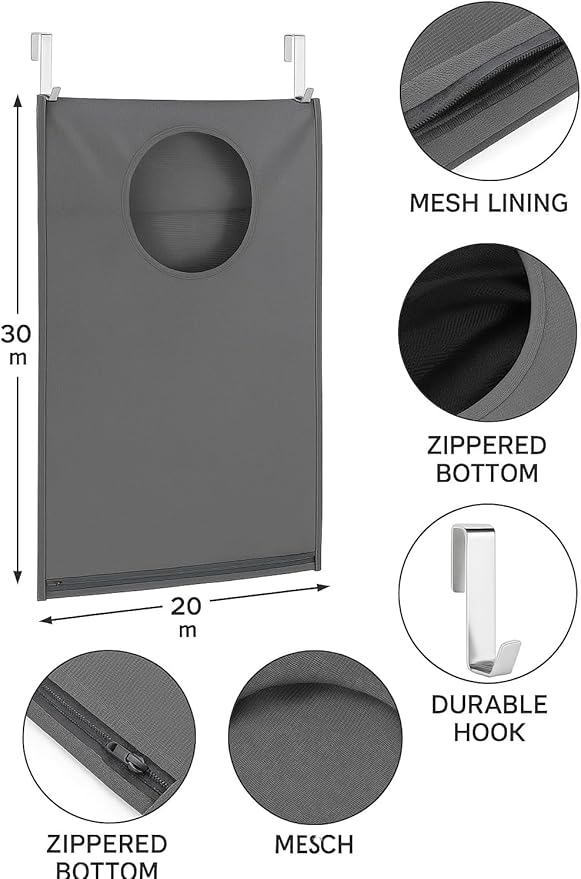 Hanging Laundry Hamper Bag – Space-Saving Dirty Clothes Storage with Free Adjustable Stainless Steel Over-the-Door Hooks & Suction Cup Hooks – Ideal for bathrooms, bedrooms & dorms (2, Gray)