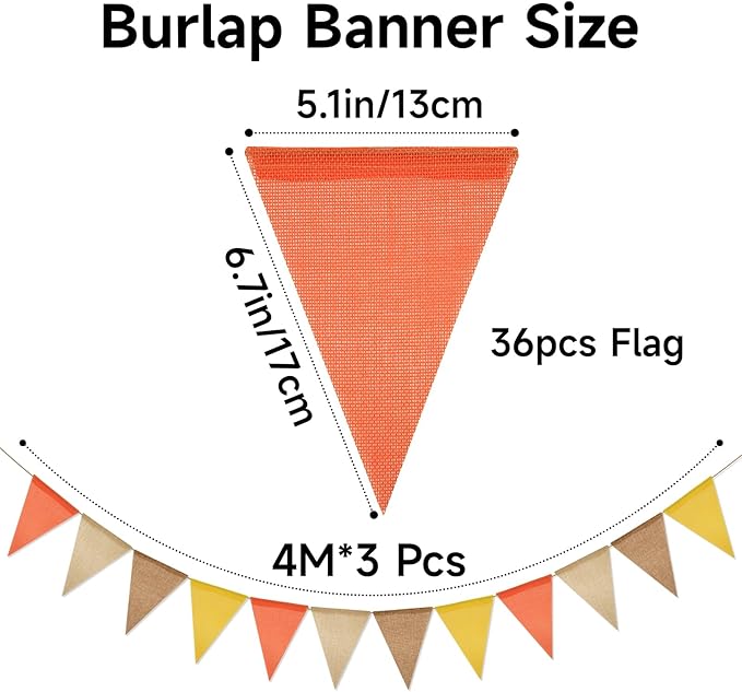 G2PLUS Pre-Strung Burlap Pennant Banner, 39Ft Orange Yellow Triangle Flag Bunting, 36pcs Pennant Banner Flags Garland for Fall, Thanksgiving, Farmhouse and Party Decor