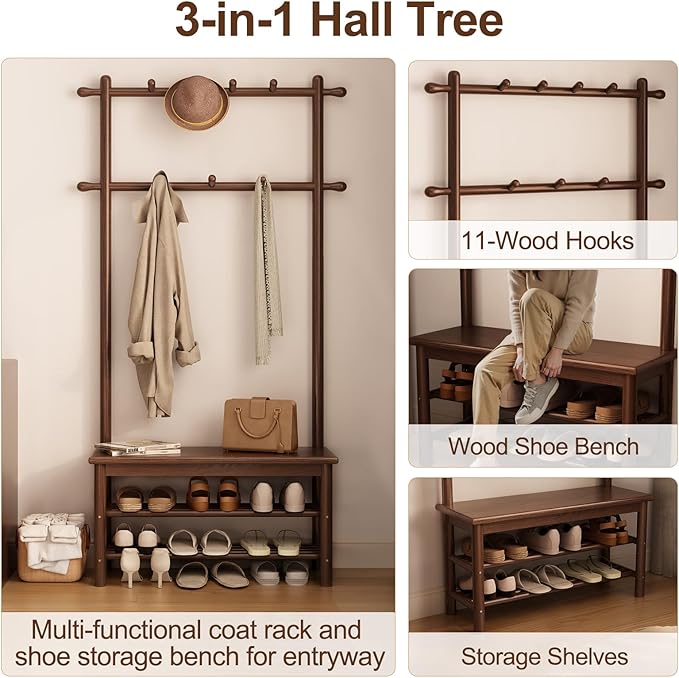 Hall Tree, Coat Rack with Shoe Storage, Wooden Hall Tree with Bench, 11 Hooks and 2-Tier Storage Shelves, Entryway Bench with Coat Rack (31.5" - Deep Walnut)