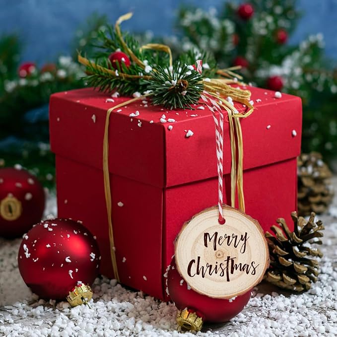 80 PCS 2.4-2.8 Inch Small Wood Slices with Hole, Mini Wood Slices with Rope for DIY Arts Craft Christmas Ornaments