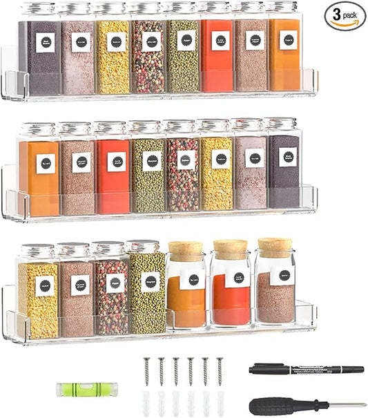 15 Inch Acrylic Spice Rack Wall Organizer Set of 3, Clear Acrylic Wall Shelf for Home Organizer, Floating Shelf for Bottle Display, Jars, Spice, Wine, Books, Toiletries