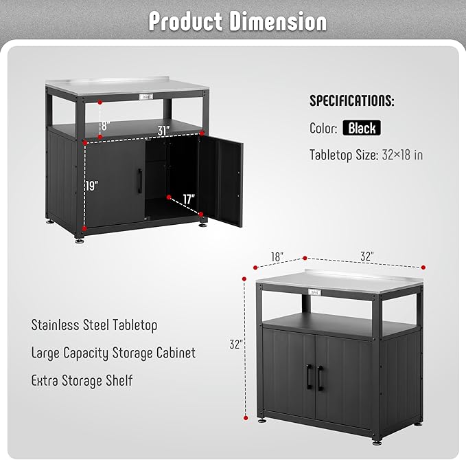 Garden Potting Bench with Storage Cabinet,Outdoor Gardening Table & Work Bench for Plants, Horticulture,Outdoor Workstation with Stainless Steel Tabletop,Outdoor Work Table