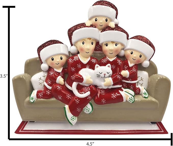 3D Matching Pajama Family of 5 with Cat Ornament 2025 Personalized Family Christmas Ornaments 2025 | Pet Lovers Personalized Tree Ornaments Customizable Gifts of Cat Lovers of Five with Pet Ornament