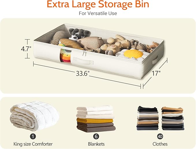 Under Bed Storage Containers with Window, Closet Organizers and Storage Bags, Foldable Underbed Storage Bags for Blankets, Clothing, Comforter, Linen Sheets, Wrapping Paper, 2 Pack, White Ivory