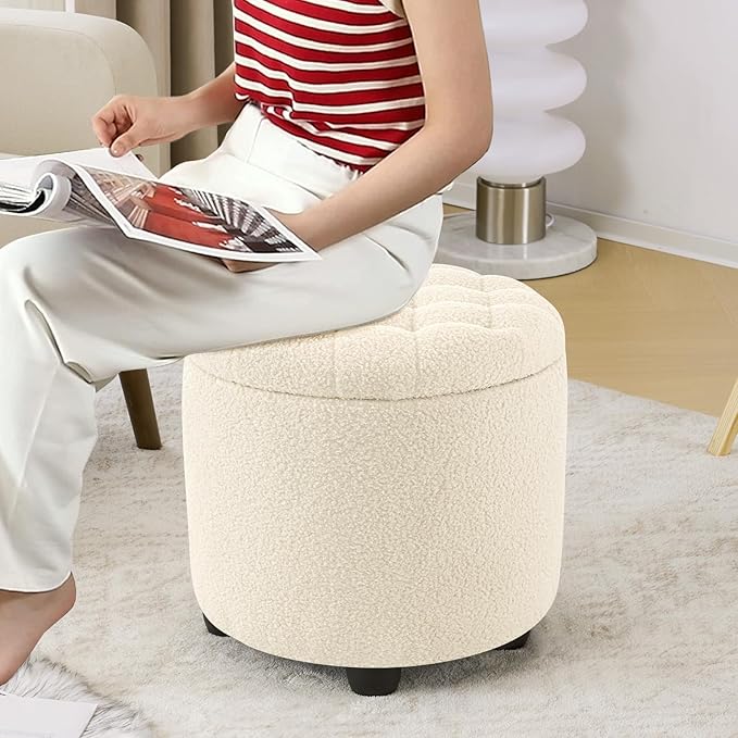 Furniliving Modern Round Storage Ottoman,Button Tufted Ottoman Foot Stools Ottoman Footstool with Removable Lid Storage Ottomans for Living Room, Bedroom, Makeup Room，Sherpa, IvoryWhite