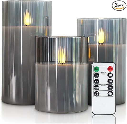 Amagic Grey Flameless Candles with Remote, Battery Operated Candles with Timer, Ribbed Glass LED Pillar Candles with Flickering Flame for Spooky Halloween Party Decor, Real Wax, Set of 3