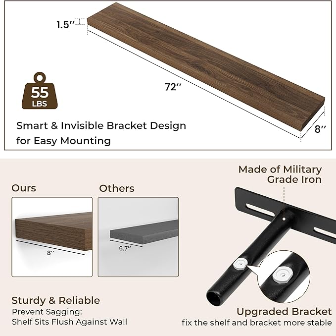 RICHFOCUS 72Inch Floating Shelves for Wall 1 Pack Shelves for Bedroom|Kitchen|Bathroom Wall Mounted Rustic Wood Floating Shelf with Invisible Brackets for Books|Storage|Decor, Walnut