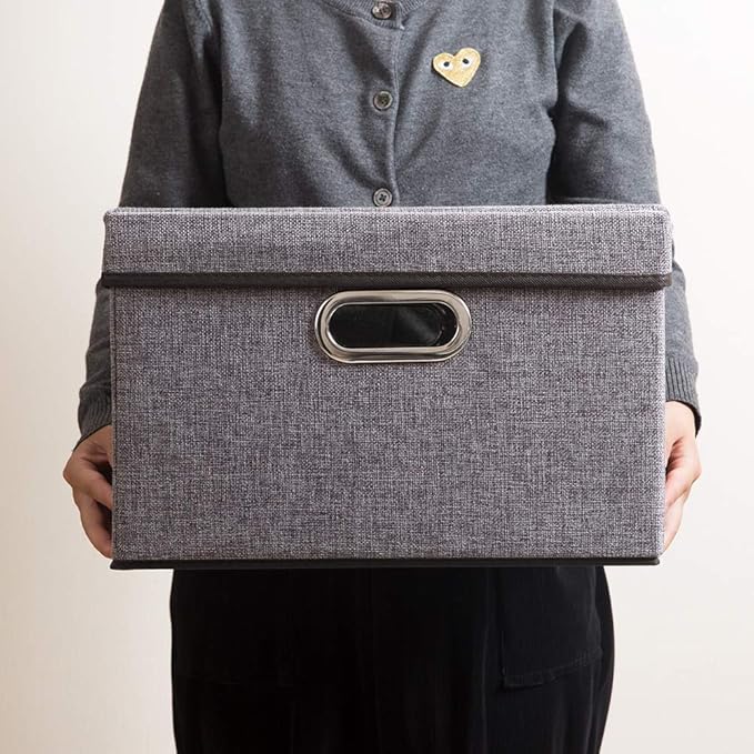 PRANDOM Collapsible Storage Containers with Lids [5-Pack] Linen Fabric Foldable Storage Bins Boxes Organizer Baskets Cube with Cover for Home Bedroom Closet Office Nursery (14.9x9.8x9.8)