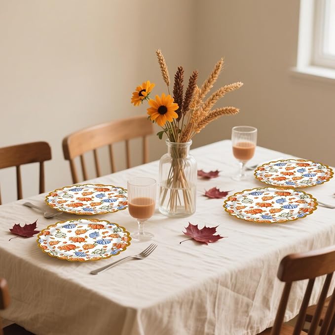 50 Pack Fall Pumpkins Paper Plates, 7inch Thanksgiving Dessert Plates Scalloped Foiled Edge Autumn Leaves Party Supplies for Harvest Friendsgiving Birthday Baby Showers Wedding Decorations