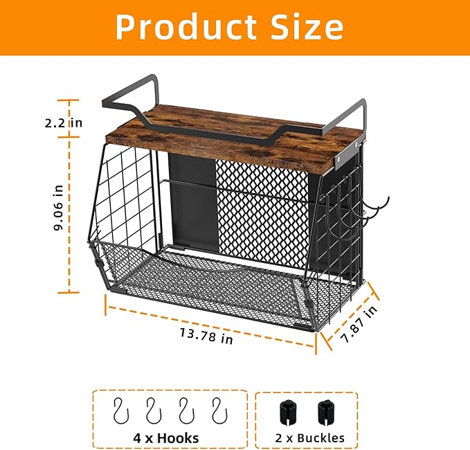 Magnetic Shelf for Fridge with Wood Lid, Large Capacity Magnetic Spice Rack for Refrigerator with 4 Hooks, Magnetic Basket for Kitchen Pantry Laundry Organizers Storage(2 Pack)