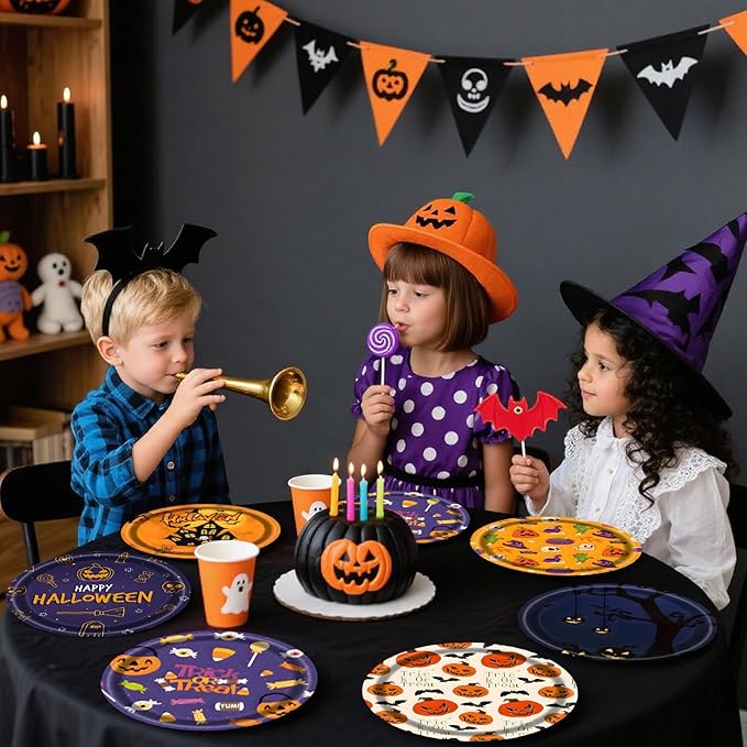 48 PCS Halloween Paper Plates 7 inch, Bat Castle Skull Pumpkin Party Plates Disposable Cake Dessert Plate for Halloween Party Decorations