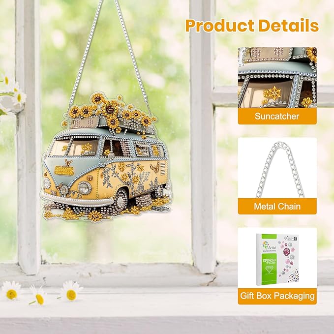 EOBROMD Diamond Hanging Art Kits for Adults, Travel Bus Suncatcher Diamond Art Painting, DIY Special Shaped Rhinestone Kits for Adults, Window Pendants Home Garden Wall Hanging Ornament