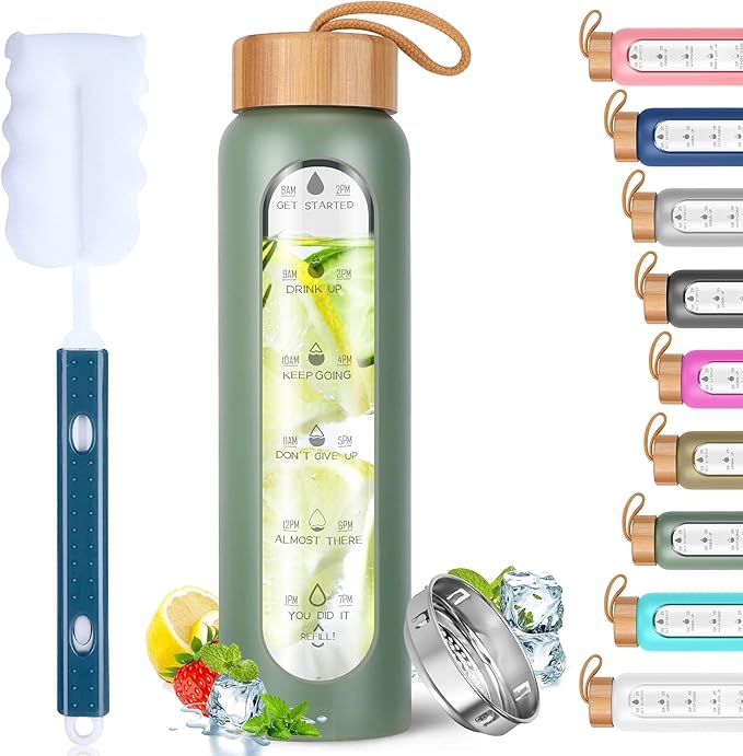 Aqulea Glass Water Bottles 25 Oz with Silicone Sleeve - BPA Free Reusable Wide Mouth Glass Motivational Water Bottles with Fruit Infuser – Leak Proof Borosilicate Water Bottle with Time Marker (Green)