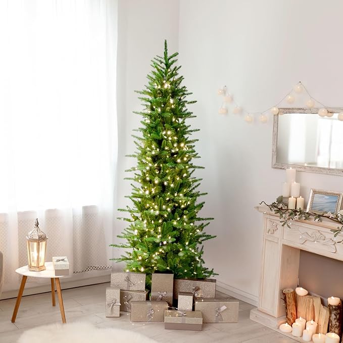 Fraser Hill Farm 7.5-Ft. Carmel Pine Slim Artificial Christmas Tree with White Incandescent Smart Lights and Stand, Prelit Foldable Fake Tree with Realistic Foliage for Home Decoration