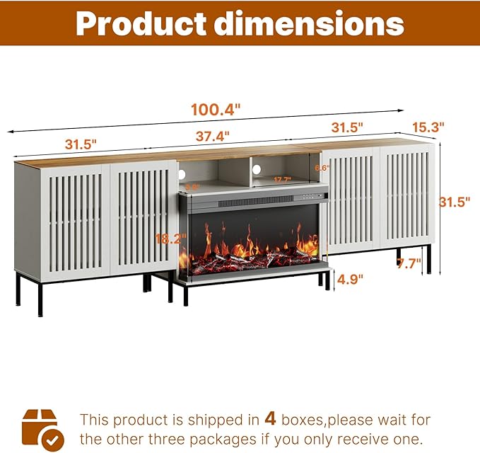 3-Sided Glass Farmhouse Fireplace TV Stand for TVs Up to 100 Inch, Entertainment Center with 36" Electric Fireplace, TV Console with Storage Cabinets for Living Room, Antique White