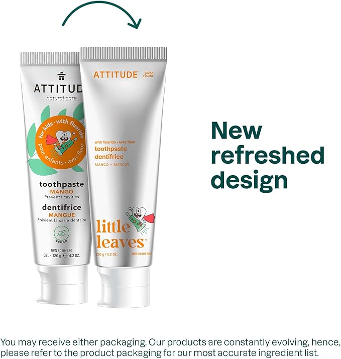 ATTITUDE Toothpaste with Fluoride, Prevents Tooth Decay and Cavities, Vegan, Cruelty-Free and Sugar-Free, Mango, 4.2 Oz