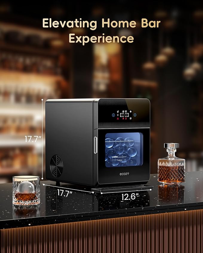 ecozy 2" Clear Ice Ball Maker with CrystalFlux Technology, 4 pcs in 40 Mins, 144 pcs/Day, Sphere Ice Maker with Enhanced Insulation, Automatic Water Supply, Self-Cleaning for Whiskey & Bourbon