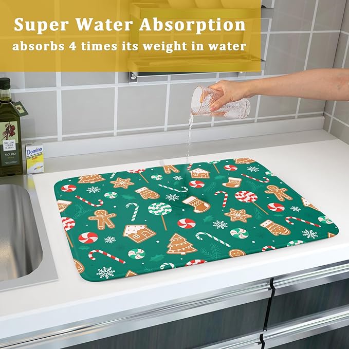 Gingerbread Dish Drying Mat for Kitchen Counter Holiday Green Super Absorbent Reversible Microfiber Kitchen Countertop Protector Dishes Pad Large 18x24 inch