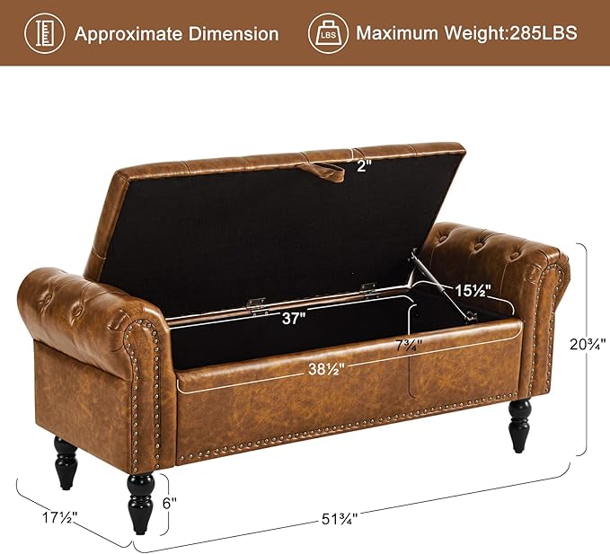 Furniliving Storage Ottoman Bench, Leather Benches End of Bed Bench with Solid Wood Legs Upholstered Ottoman Bench with Storage Indoor Bench for Living Room with Rolled Arm, Entryway, YellowBrown