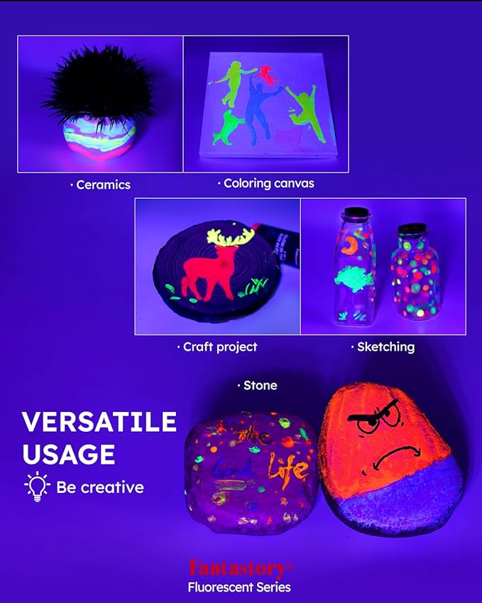Fantastory Fluorescent Glow in the Dark Paint,60ml /2oz,Neon Colors Glow Acrylic Paints; Waterproof Blacklight Paint for Outdoor Rock,Wood,DIY Craft,Canva,Pumpkin,Halloween,Holiday Decor
