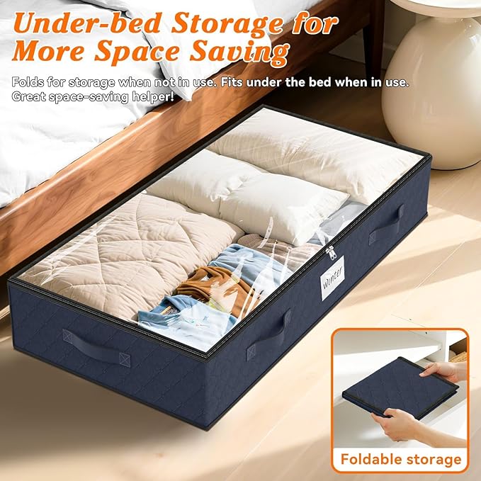 SpaceWhisper 90L Under Bed Storage Containers, 4-Pack Storage Bins with Clear Top, Foldable Closet Organizers and Storage with Label Holder for Clothing, Blankets, Comforter & Pillows(Blue)