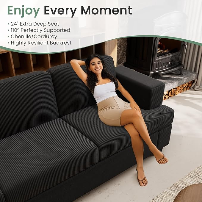 2 Pieces Corduroy Couch Set for Living Room, Black Cloud Sofa, Deep Seat Floor Couch for Bedroom, Futon Modern Sofa Sectional Bed, Black Corduroy