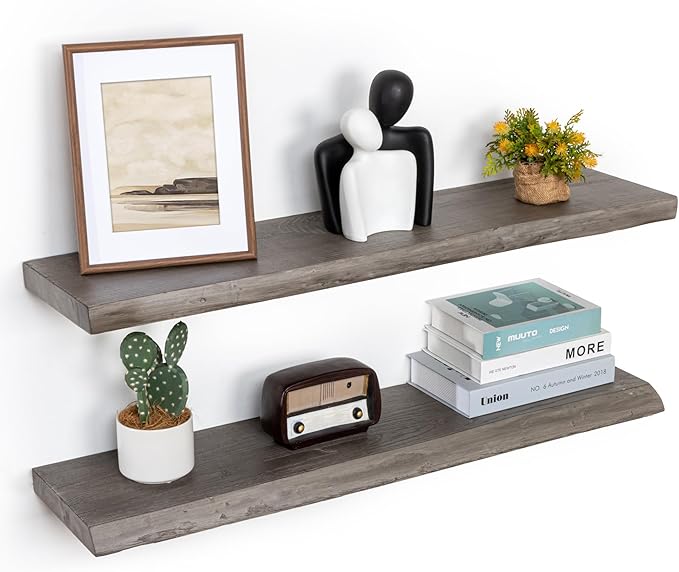 Floating Shelves for Wall, 36"x9.3" Rustic Solid Live-Edge Elm Wood Wall Shelves, Heavy-Duty Floating Shelves with Invisible Brackets, Set of 2 for Living Room, Bedroom, and Kitchen, Grey Finish