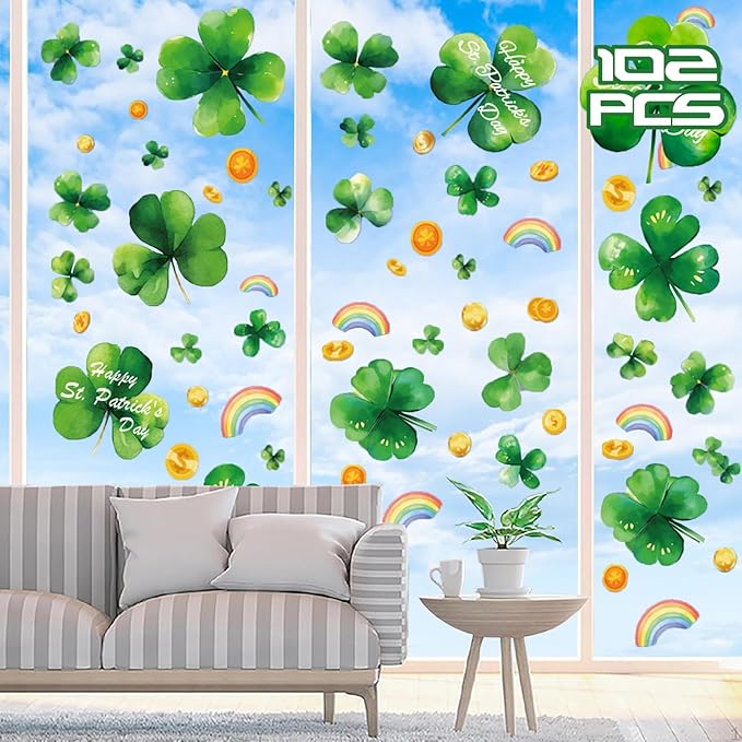 8 Sheet St Patricks Day Window Clings Shamrock Window Decorations for Glass Windows, Irish Saint Patricks Day Window Stickers for Kids Home School Office Spring Party Supplies