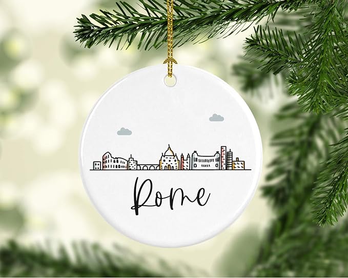 Andaz Press Round Ceramic Porcelain Christmas Tree Ornament Keepsake Gift, Rome, Colorful International City Skyline Graphic, 1-Pack, Birthday Ideas Family Coworker Him Her, Gift Box