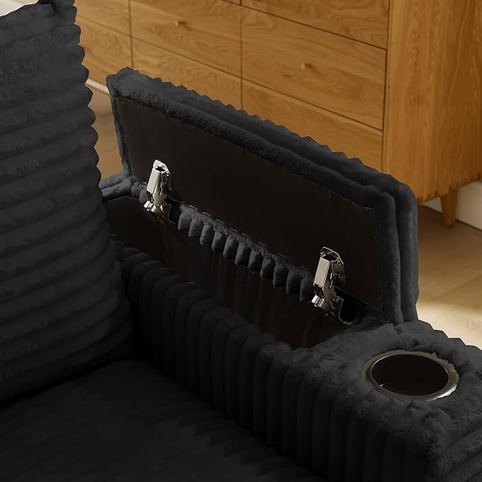 Modular Sectional Sofa Couch, Plush Corduroy Fabric Sectional Couches for Living Room with USB Charging Ports, Phone Holders, and Multi-Functional Storage Armrests (Black, 3set+1ottoman)