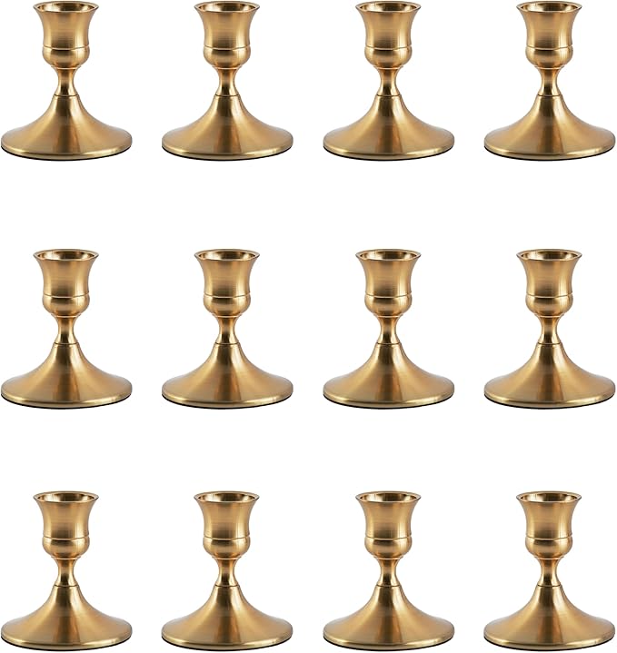 Gold Taper Candle Holder, Brass Candlestick Holders, Vintage Metal for Table Centerpieces Wedding Christmas Decor (Gold, 12 Pcs)