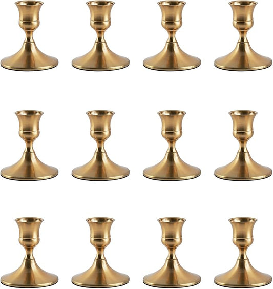 Gold Taper Candle Holder, Brass Candlestick Holders, Vintage Metal for Table Centerpieces Wedding Christmas Decor (Gold, 12 Pcs)