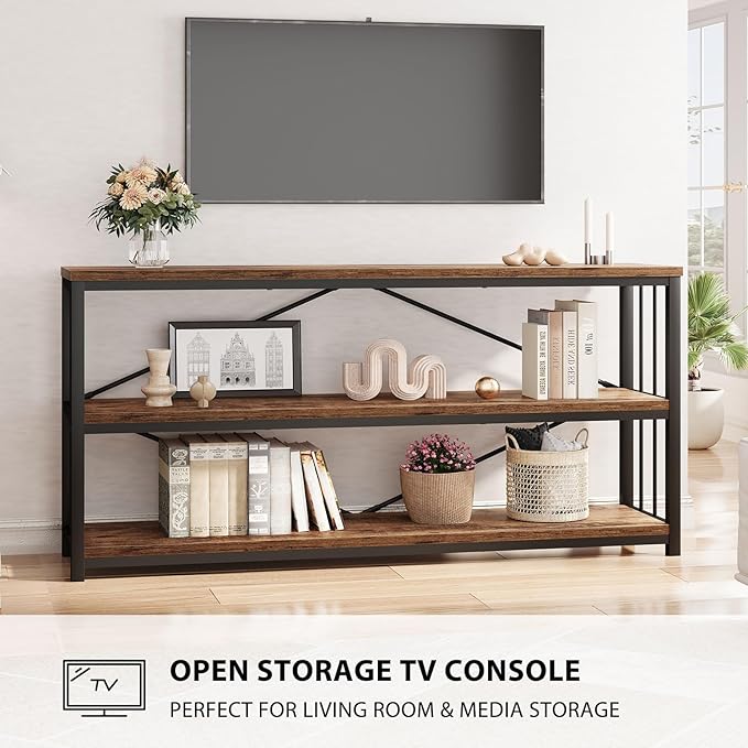 LVB Rustic Entryway Table, Industrial Extra Long Hallway Sofa Table, Wood Metal Narrow Console Table with Storage Shelf, Modern Skinny Couch Table for Foyer Living Room Bedroom, Rustic Brown, 70 Inch