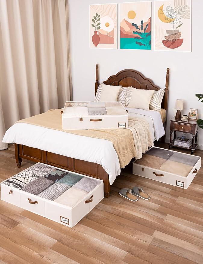 StorageWorks Underbed Storage Box, Under Bed Clothes Organizer With Sturdy Structure and Ultra Thick Fabric, Beige, 33" L x 31" W x 6 ¾ "H, 2 pack