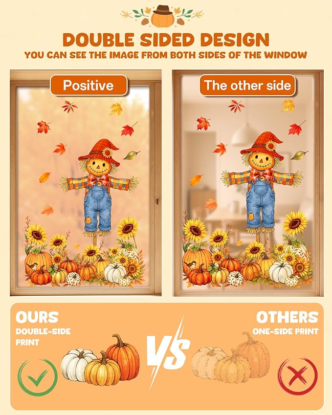 Fall Window Clings - 9 Sheets 116 Pcs Fall Decorations for Autumn Thanksgiving Harvest Home Party, Pumpkin Leaves Truck Maple Sunflowers Stickers for Glass, Double-Sided Static Window Decals