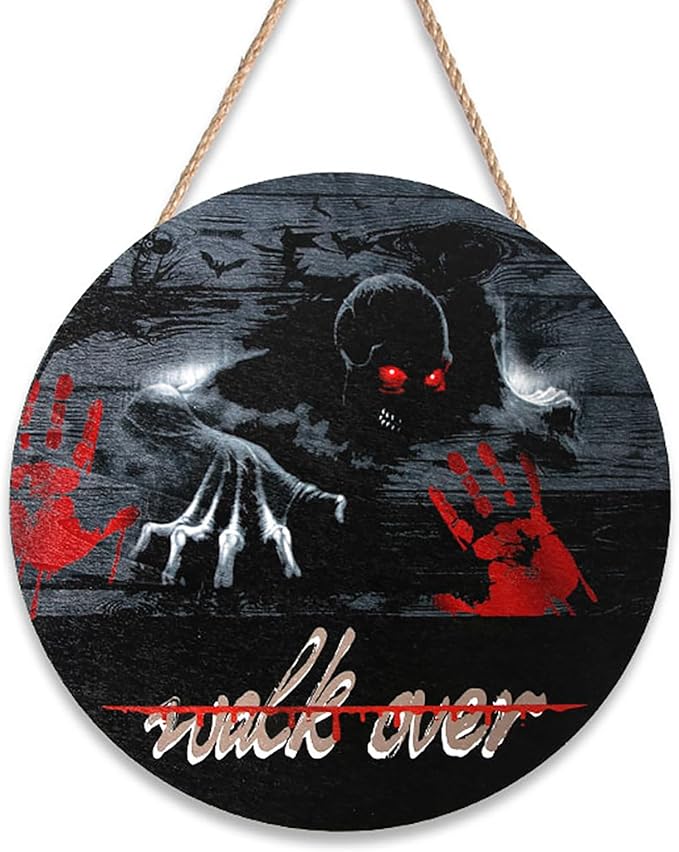 Halloween Wooden Round Hanging Sign Decoration Horror Skeleton Outdoor Wooden Plaques Yard Front Door Hanger Home Wall Decor for Halloween Wreath Party Supplies Decor