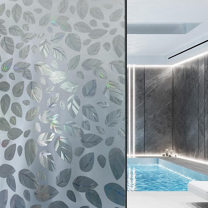 Frosted Glass Window Privacy Film Decorative, Bathroom Privacy Film for Glass Windows Cover, Static Cling, Removable, Reusable, Anti-UV, Anti-Glare, Heat Blocking,（Leaf White 17.5X78.7Inch）