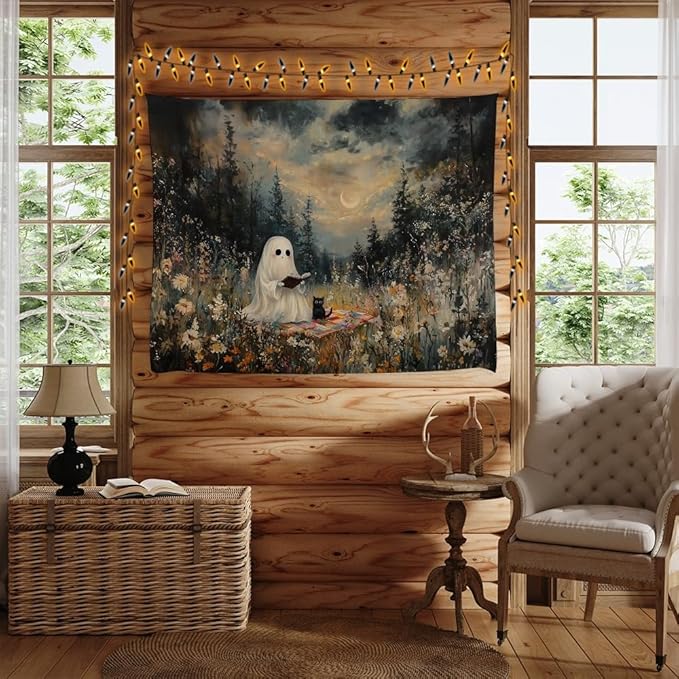 Halloween Ghost and Black Cat Tapestry Wall Hanging Spooky Ghos Reading Book in Wildflowers Wall Decor Halloween Witchy Room Aesthetic Tapestries for Goth Living Room Bedroom Decoration 50x60inch