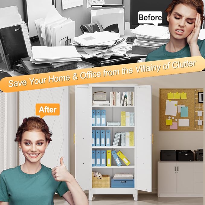 71" H Metal Kitchen Pantry Storage Cabinet, Freestanding Cupboard with 2 Doors and 4 Adjustable Shelves, Standing Storage for Kitchen, Bathroom, Garage, Dinning Room or Utility Room（White）