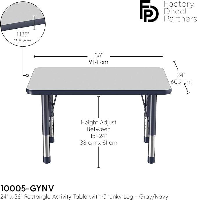 FDP Rectangle Activity School and Classroom Kids Table (24 x 36 inch), Chunky Toddler Leg, Adjustable Height 15-24 inches - Gray Top and Navy Edge