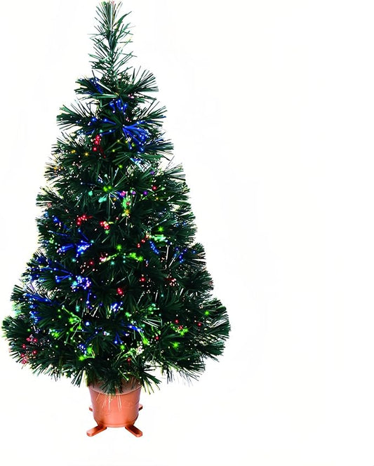 32 inch Green Pre-lit Small Fiber Optic Christmas Tabletop Tree with Gold Pot and Adaptor