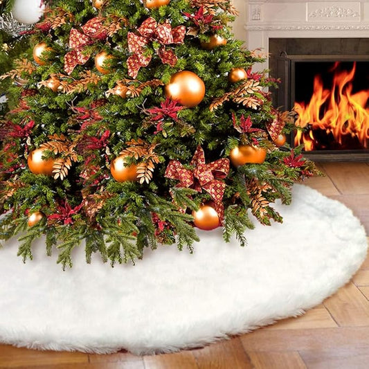 AerWo Christmas Tree 60 inches White Plush Skirt Decoration for Merry Christmas Party, High-End Soft Classic Fluffy Faux Fur Christmas Tree Skirt Decorations for Xmas Tree Decorations and Ornaments
