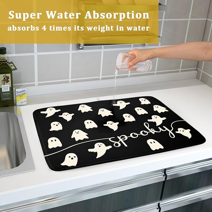 Halloween Dish Drying Mat for Kitchen Counter Spooky Ghost Holiday Super Absorbent Reversible Microfiber Kitchen Countertop Protector Dishes Pad Large 18x24 inch