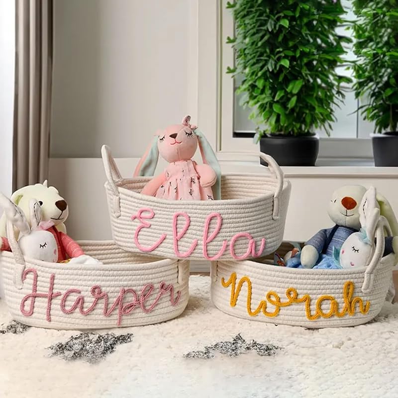 Personalized Baby Name Basket, Custom Woven Baby Shower Gift Basket with Cotton Rope Handle Baby Diaper Nursery Shelf Storage Basket Bin for Kids' Bedroom (Style 2)