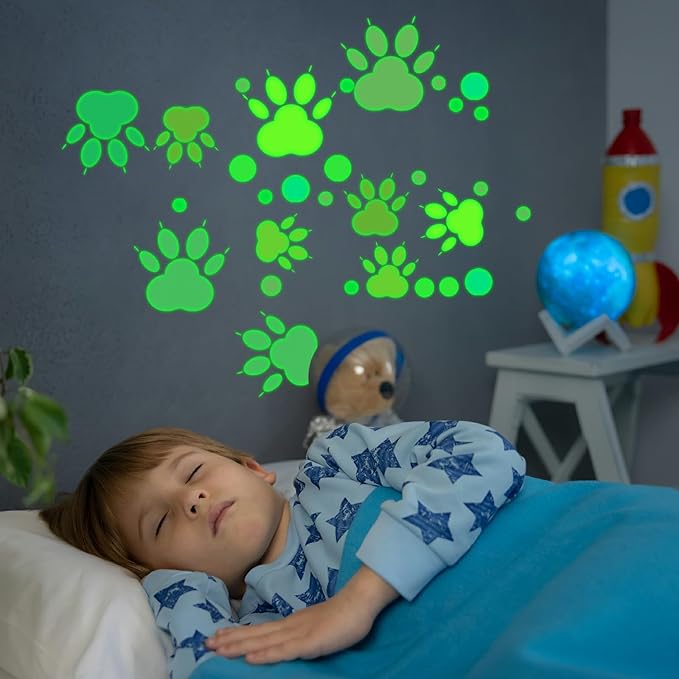 Glow in The Dark Paw Print Stickers, 128 PCS Luminous Colorful Dog Paws Wall Decals for Kids' Bedroom, Nursery, Playroom & Party Room Decor