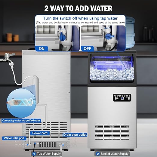 Commercial Ice Maker Machine 130 LBS/24H, 45 Ice Trays Freestanding & Undercounter Ice Machine Stainless Steel with 20 LBS Ice Storage Capacity, Ice Maker with Water Line and Filter, Dual Water Inlet
