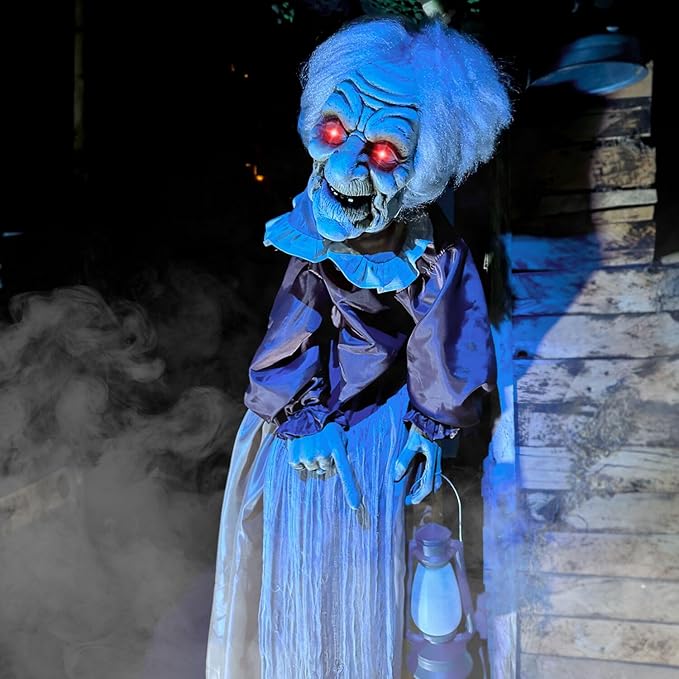 Haunted Hill Farm Lifesize Animatronic Scary Old Lady Zombie with Motion Activated Lights and Sound, Battery-Operated Indoor or Covered Outdoor Halloween Decoration