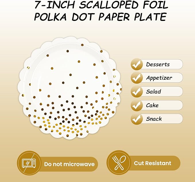 50PCS White and Gold Paper Plates, 7 Inch White Scalloped Party Plates Disposable Dessert Plate Cake Plate for Wedding Engagement Baby Shower Birthday Dinner