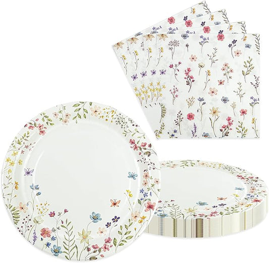40 pcs Spring Wildflower Pary Paper Plates and Napkins Disposable Flower 9 inch 20 pcs Dessert Party Plates & 20 pcs Napkins Tableware for Fruit Cake Party Decorations