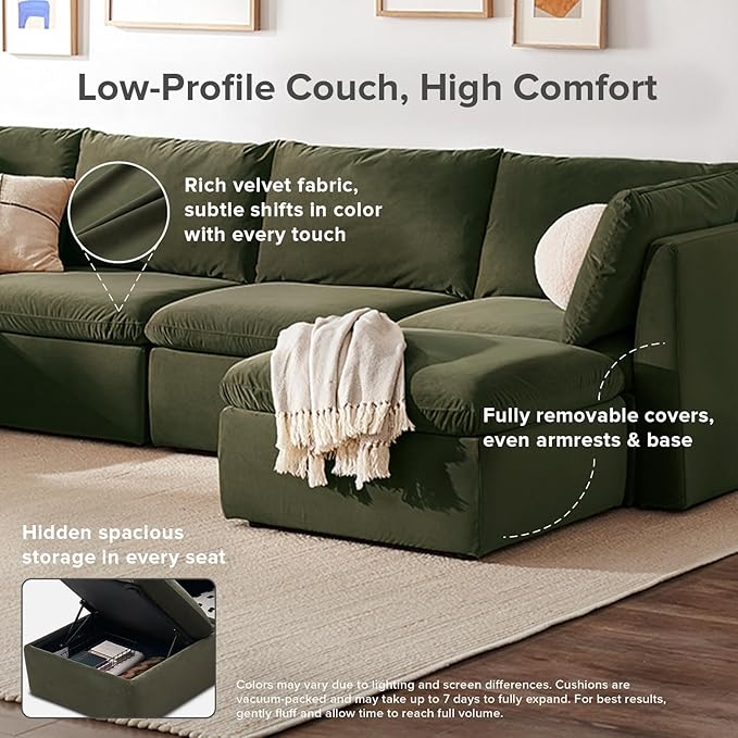mopio Oversized Modular Sectional Sofa with Fully Removable Covers and Storage, Convertible U, L-Shaped and Sleeper Sectional, Modern Couches with Ottoman Chaise (Olive Green Velvet, 8 Seats, U)